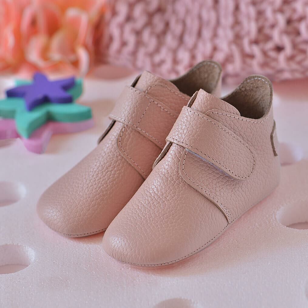 Hakiki Deri Anatomik Taban İlk Adım Ayakkabısı Cırtcırtlı Pudra  – MKN.0161