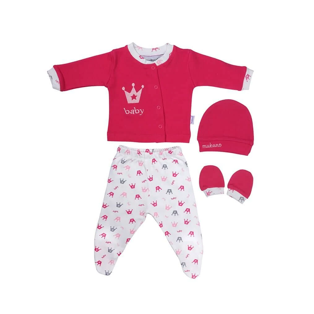 Mukano Kız Bebek Taç Nakışlı 4'lü Set Hastane Çıkış Seti