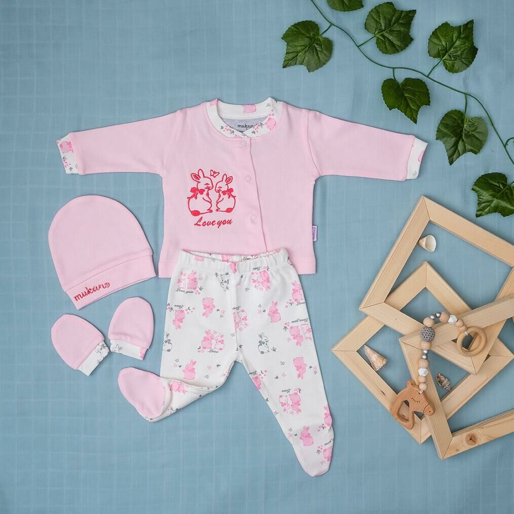 Mukano Kız Bebek Tavşan Nakışlı 4'lü Set Hastane Çıkış Seti