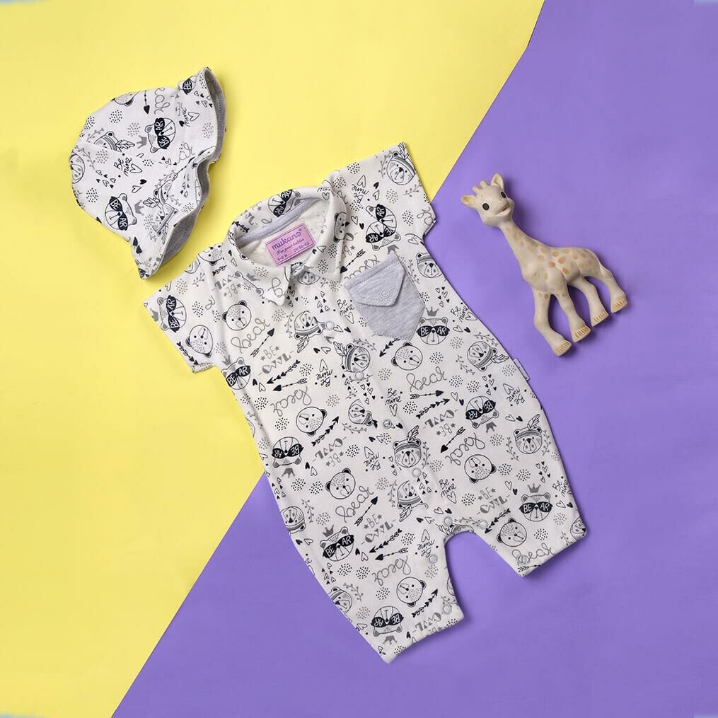 Mukano Ayıcık Desenli Cepli Çift Taraflı Şapkalı Erkek Bebek Yazlık Tulum  MKN.0222