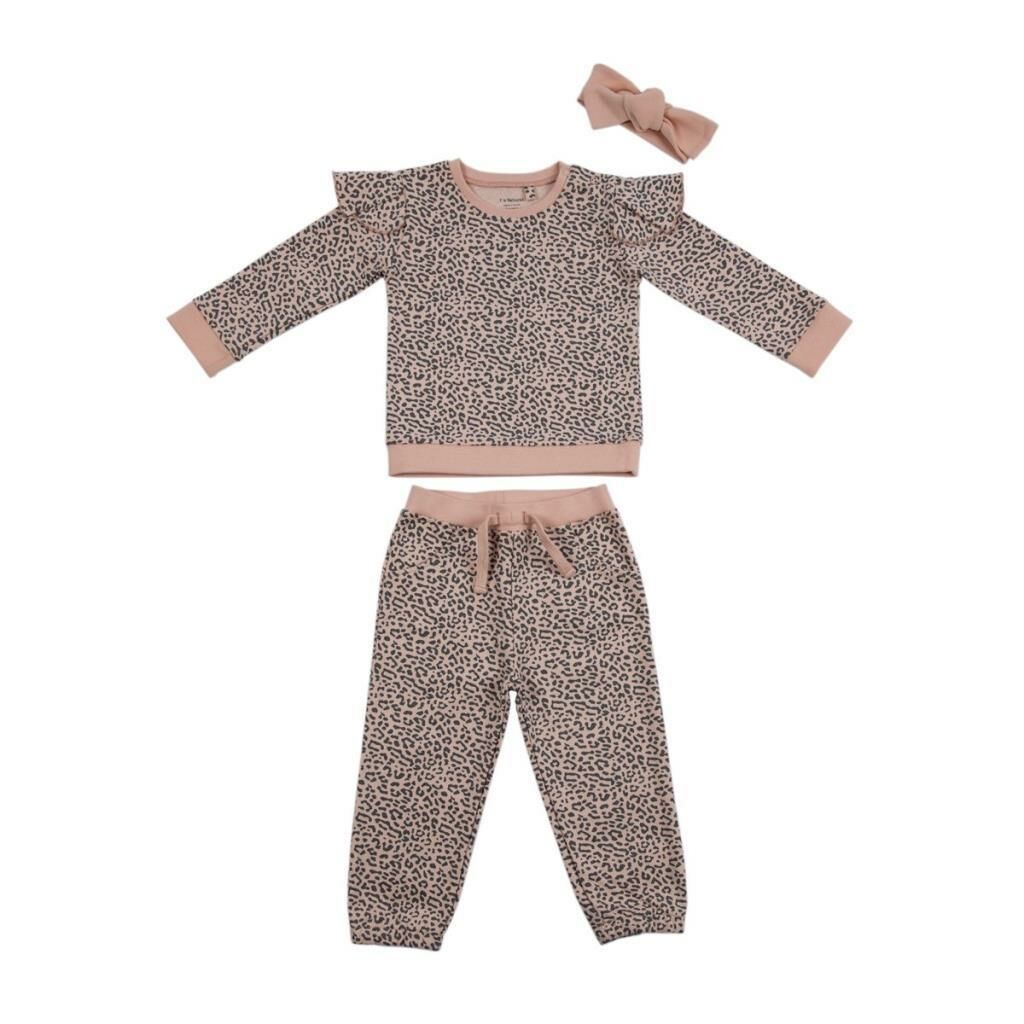 I'm Natural Organik Pamuklu Leopar Desenli Bandanalı İçi Şardonlu Alt-Üst Kışlık Kız Bebek 3'lü Takım Set - 112998