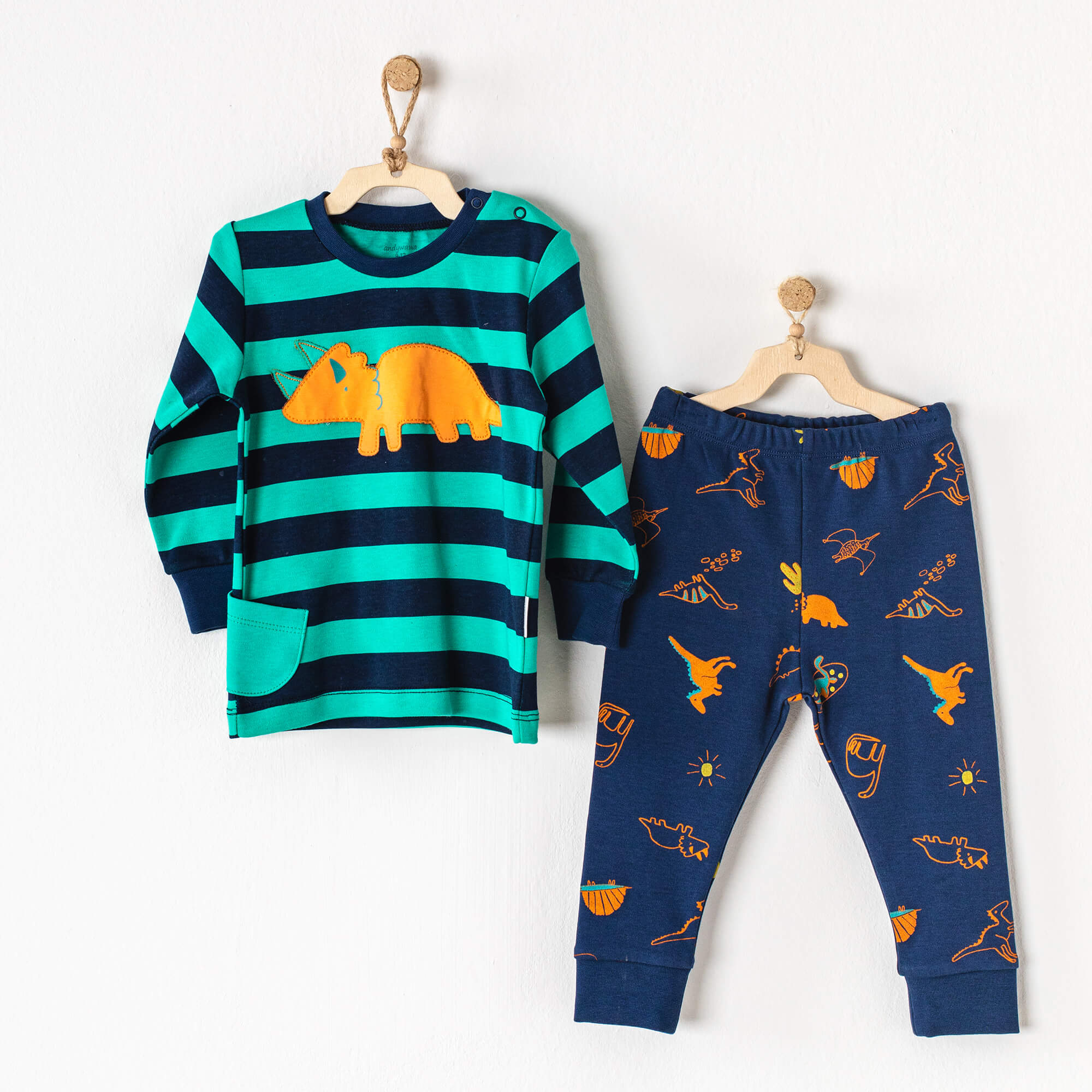 Andy Wawa Pamuklu Erkek Çocuk Mavi Yeşil Dinazor Aplike 2'li Pijama Takımı - AC23403