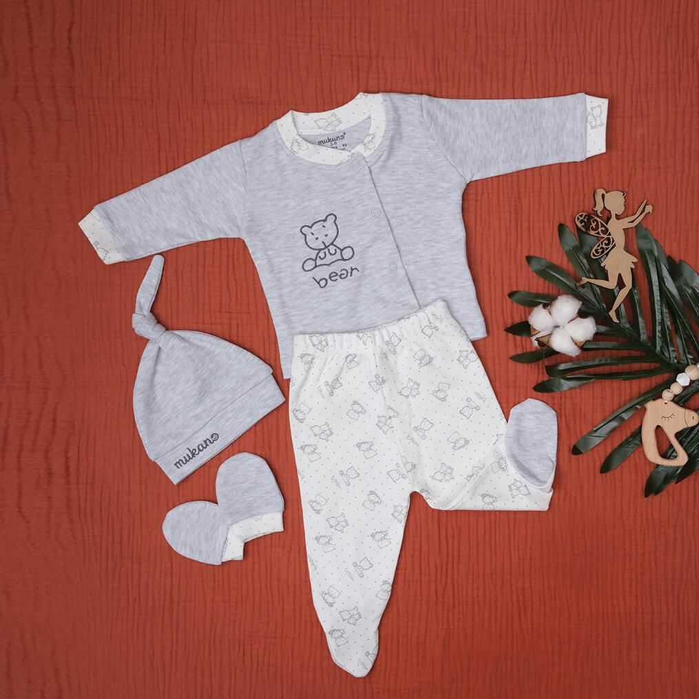 Mukano Erkek Bebek Ayıcık Nakışlı 4'lü Set Hastane Çıkış Seti