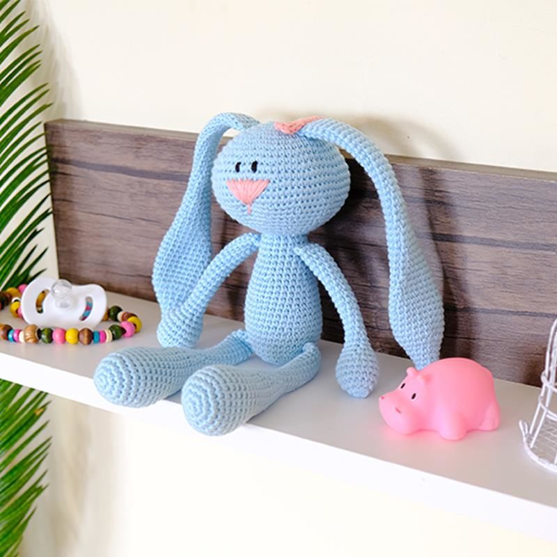Amigurumi  %100 Organik Oyuncak El Örgüsü Sevimli Uzun Kulaklı Tavşan Mavi MKN.0010