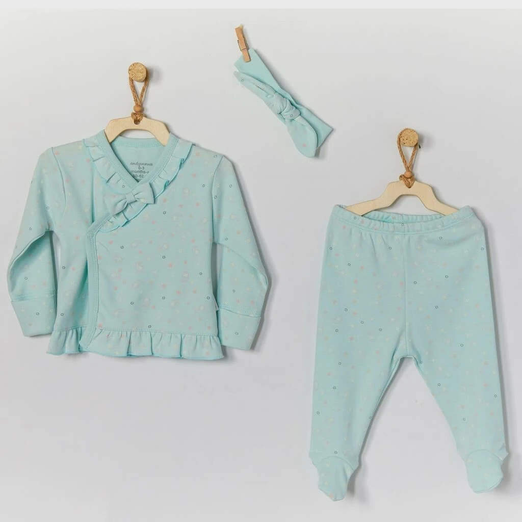 Andy Wawa Yenidoğan Kız Bebek Saç Bantlı 3'lü Kışlık Takım Set Mint - AC22113