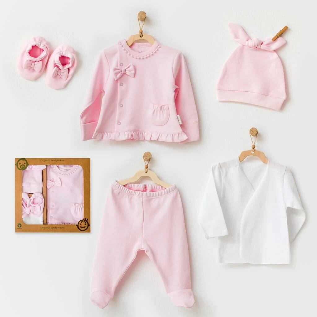 Andy Wawa Yenidoğan Kız Bebek Organik Pamuklu Kışlık Hastane Çıkışı 5'li Set Pembe - AC21650