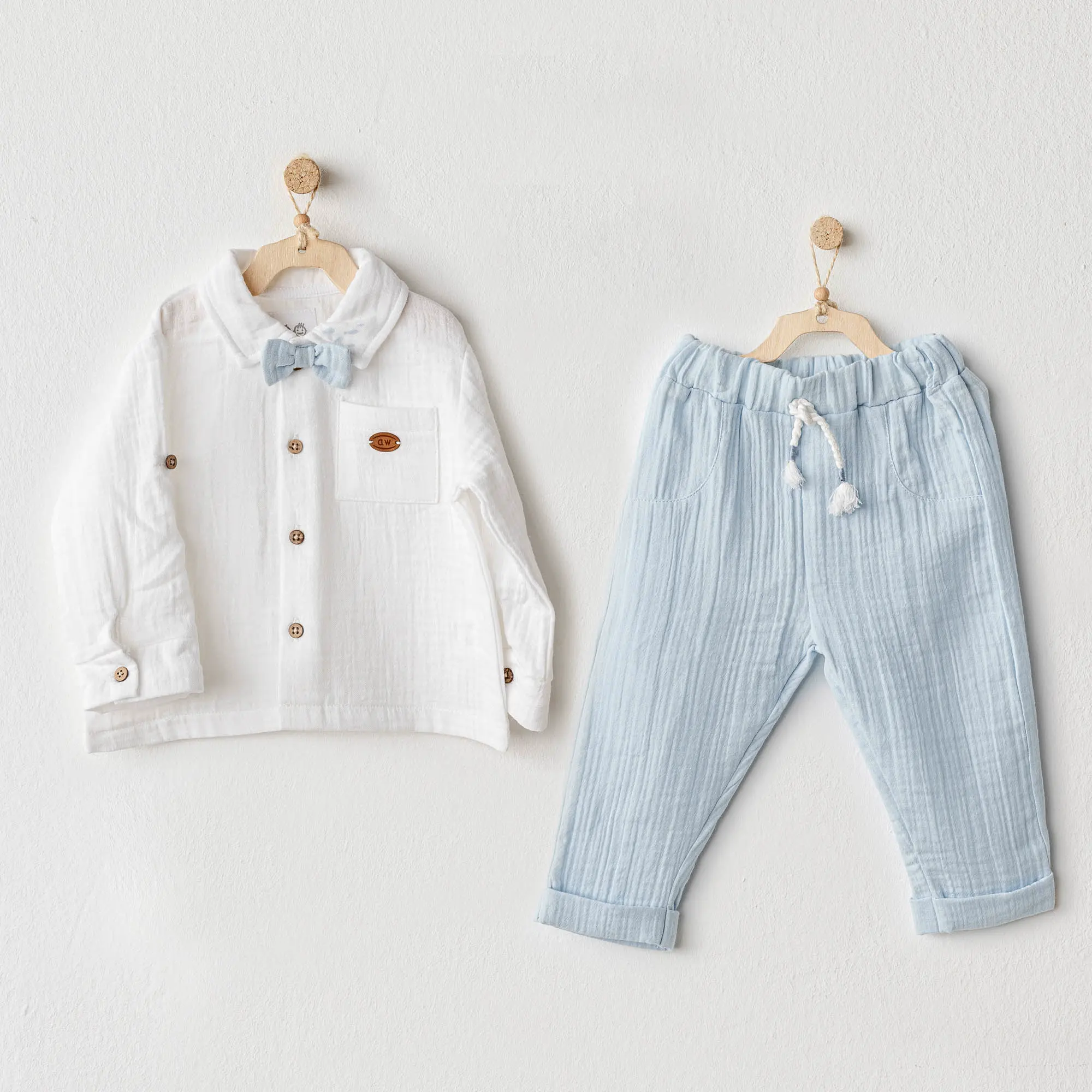 Andywawa Müslin Kumaş Bebe Mavi Papyon Gömlek Yazlık Erkek Bebek Takım - AC25622