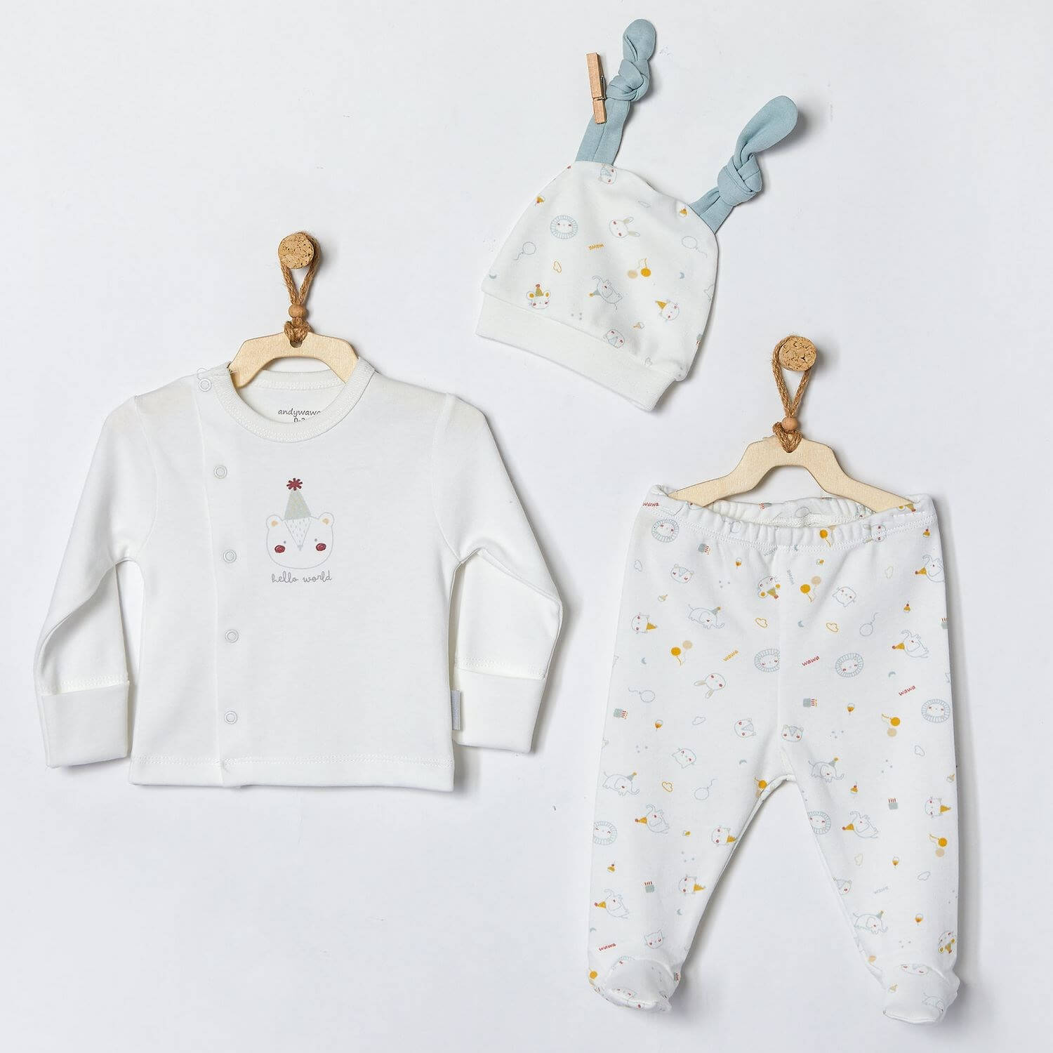 Andy Wawa Yenidoğan Erkek Bebek 3'lü Takım Set Şapka Üst Alt Pamuklu Konforlu - AC22011