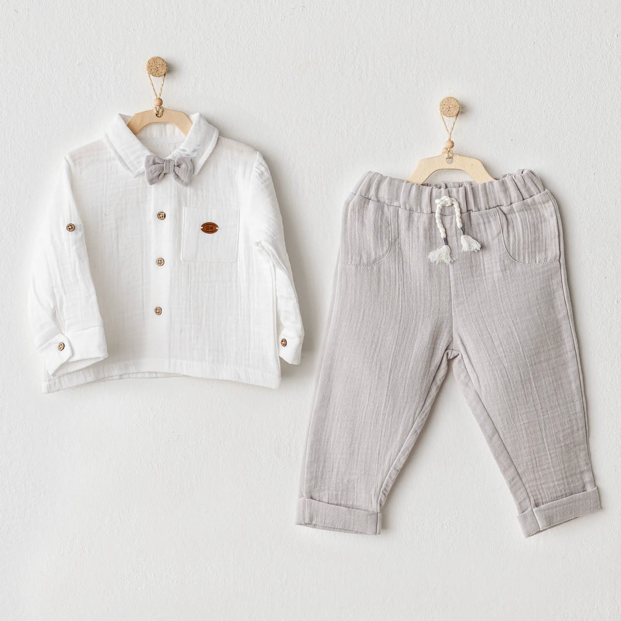 Andy Wawa Müslin Kumaş Gri Papyon Gömlek Yazlık Erkek Bebek Takım - AC25622