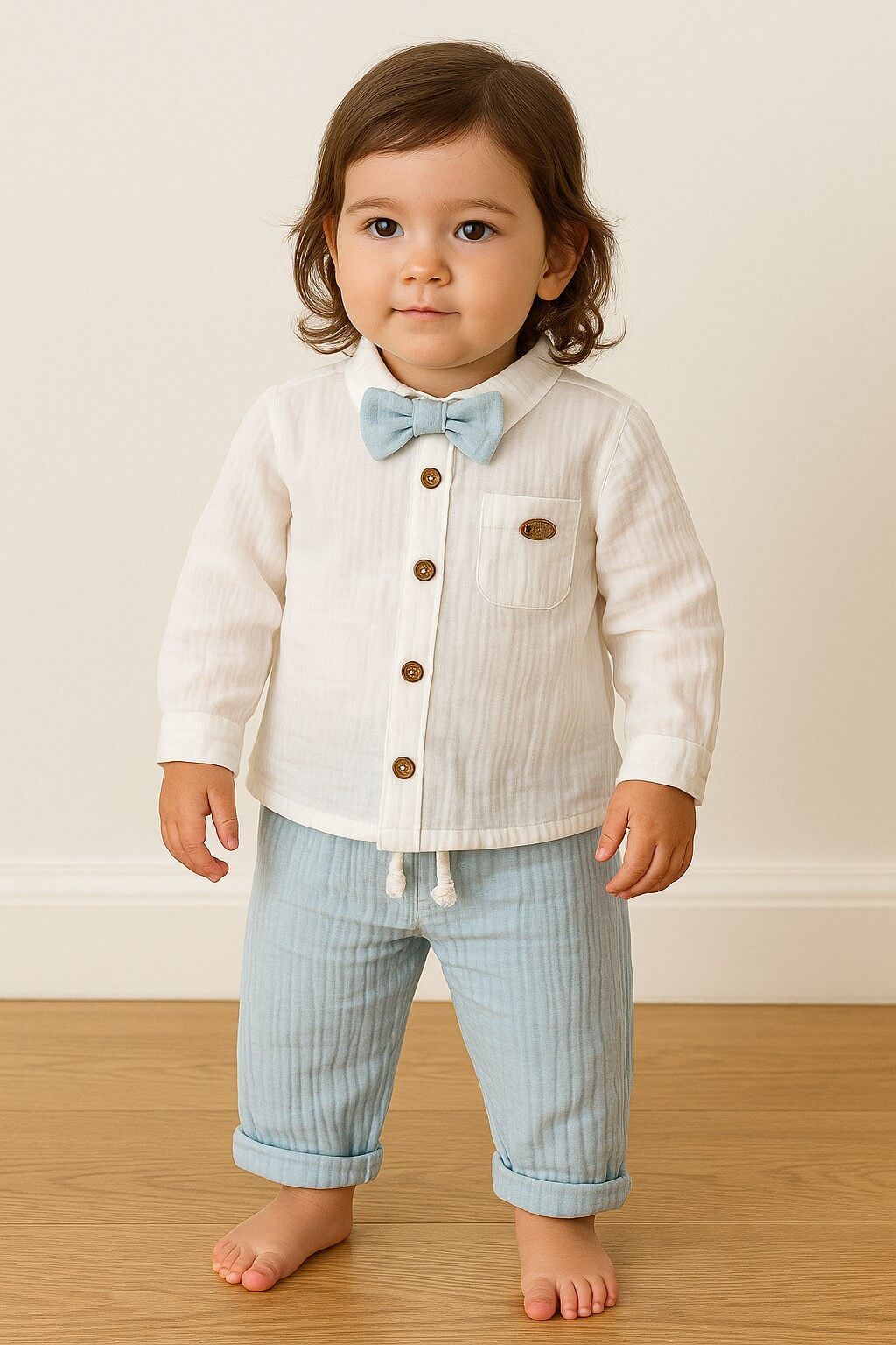 Andywawa Müslin Kumaş Bebe Mavi Papyon Gömlek Yazlık Erkek Bebek Takım - AC25622