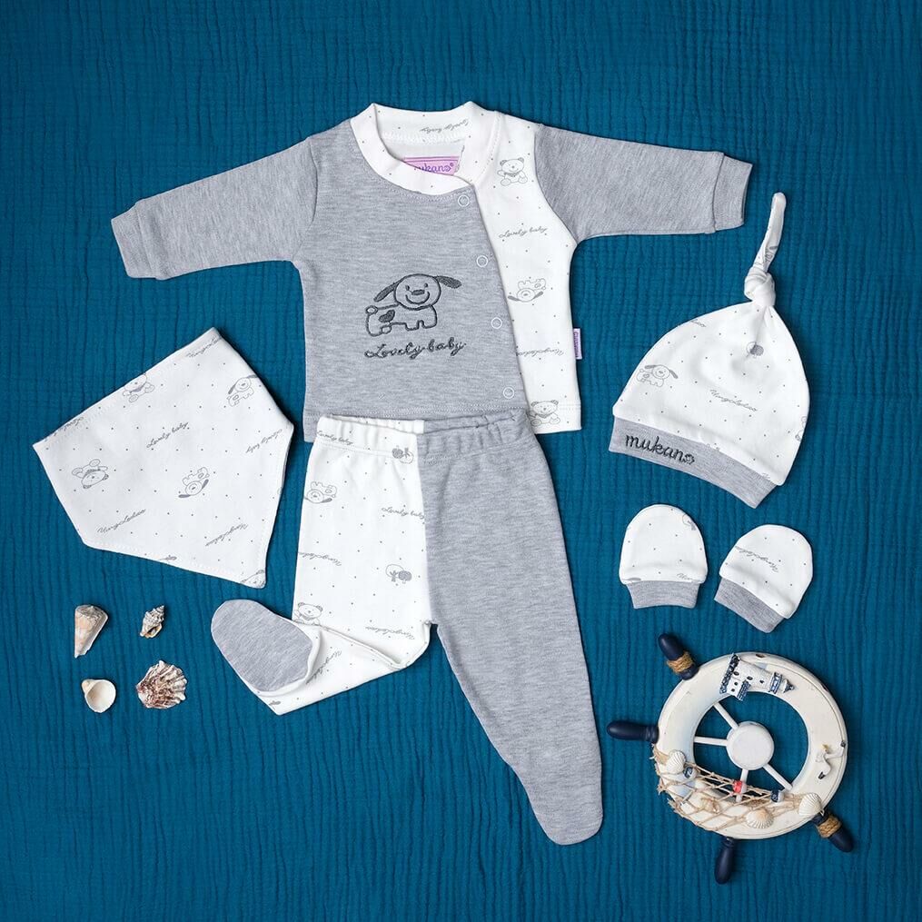 Mukano Erkek Bebek Köpekçik Nakışlı 5'li Set Hastane Çıkış Seti