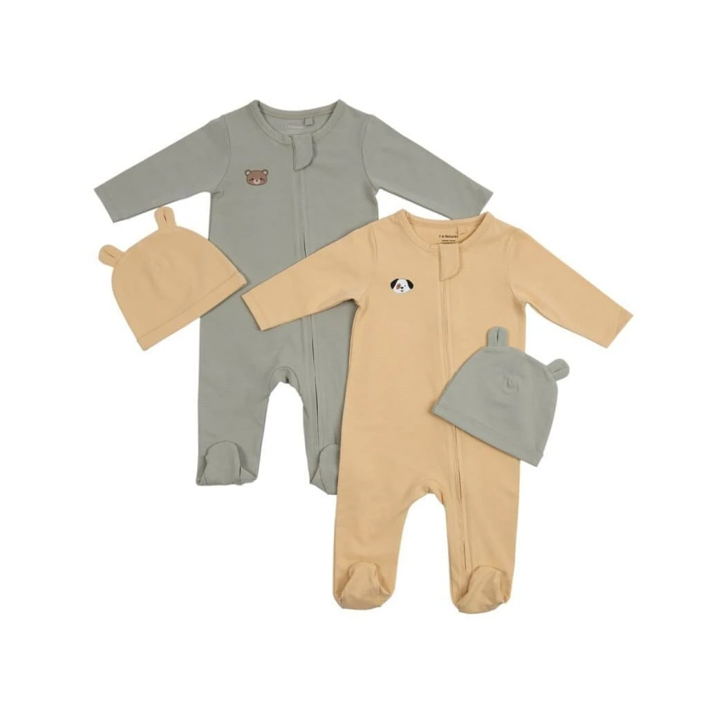 I'm Natural Organik Pamuklu Şapka Patikli Kışlık Erkek Bebek Tulum 2'li Set - 113001 Zeytin