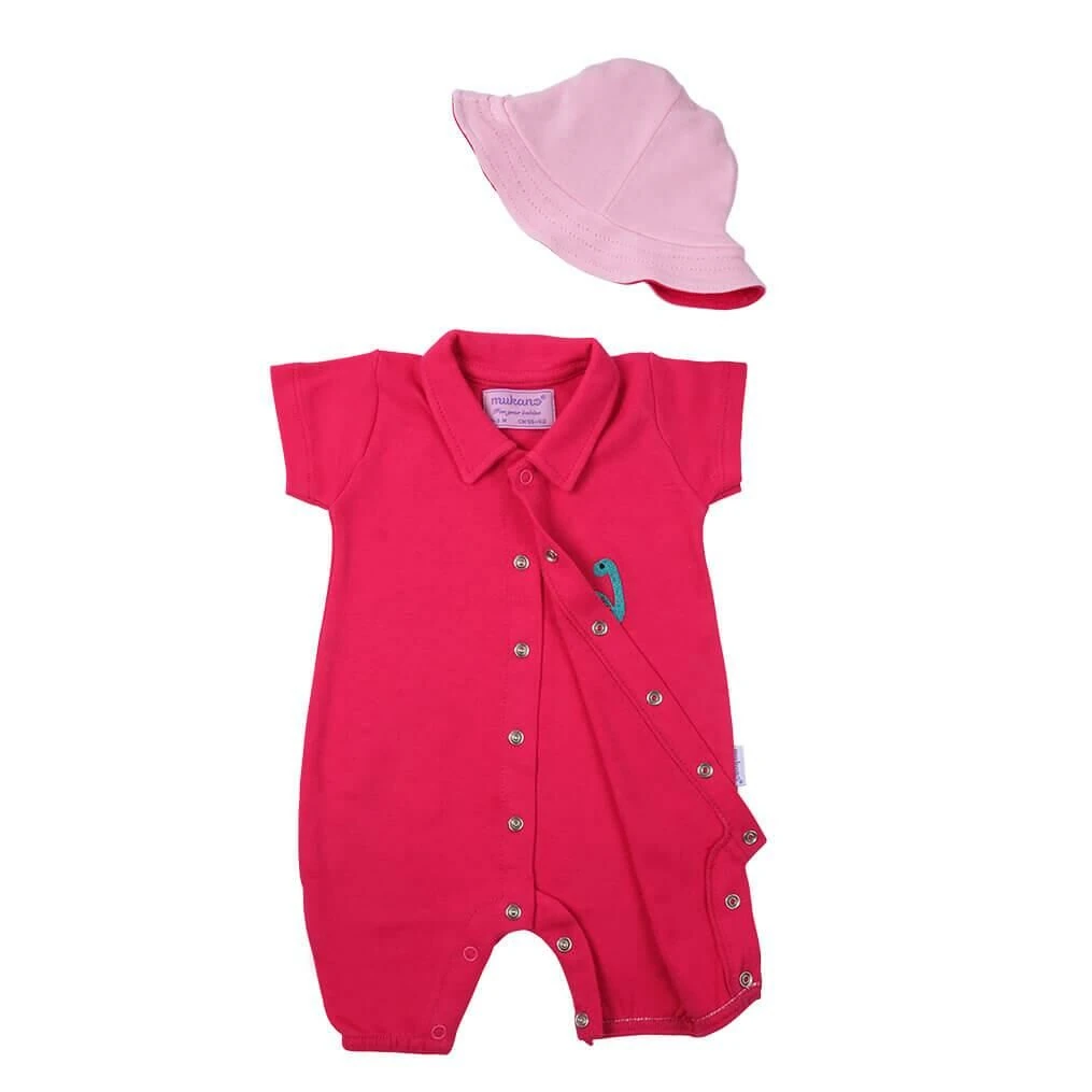 Mukano Dinazor Nakışlı Çift Taraflı Şapkalı Kız Bebek Yazlık Tulum Fuşya MKN.0220