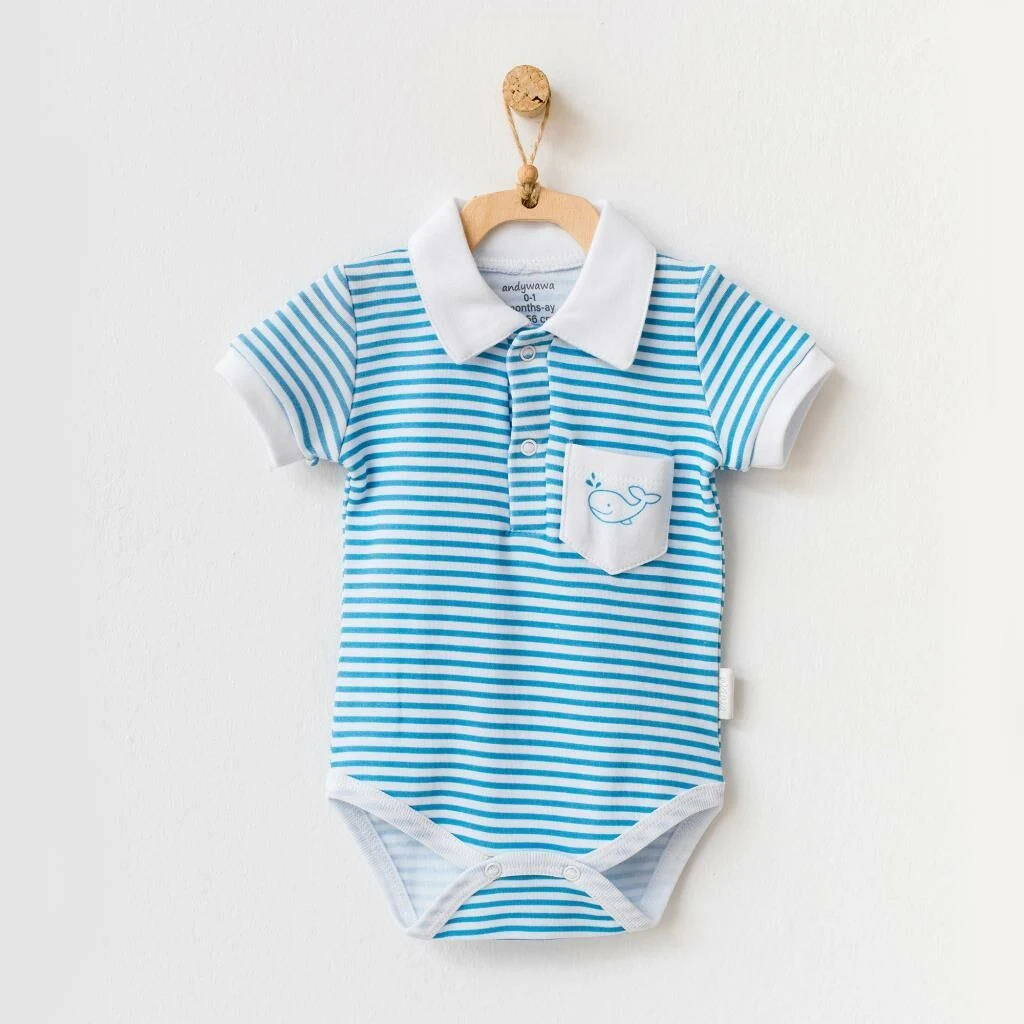Andy Wawa Yazlık Erkek Bebek Body Çıtçıtlı Yakalı Mavi Zıbın - AC21549