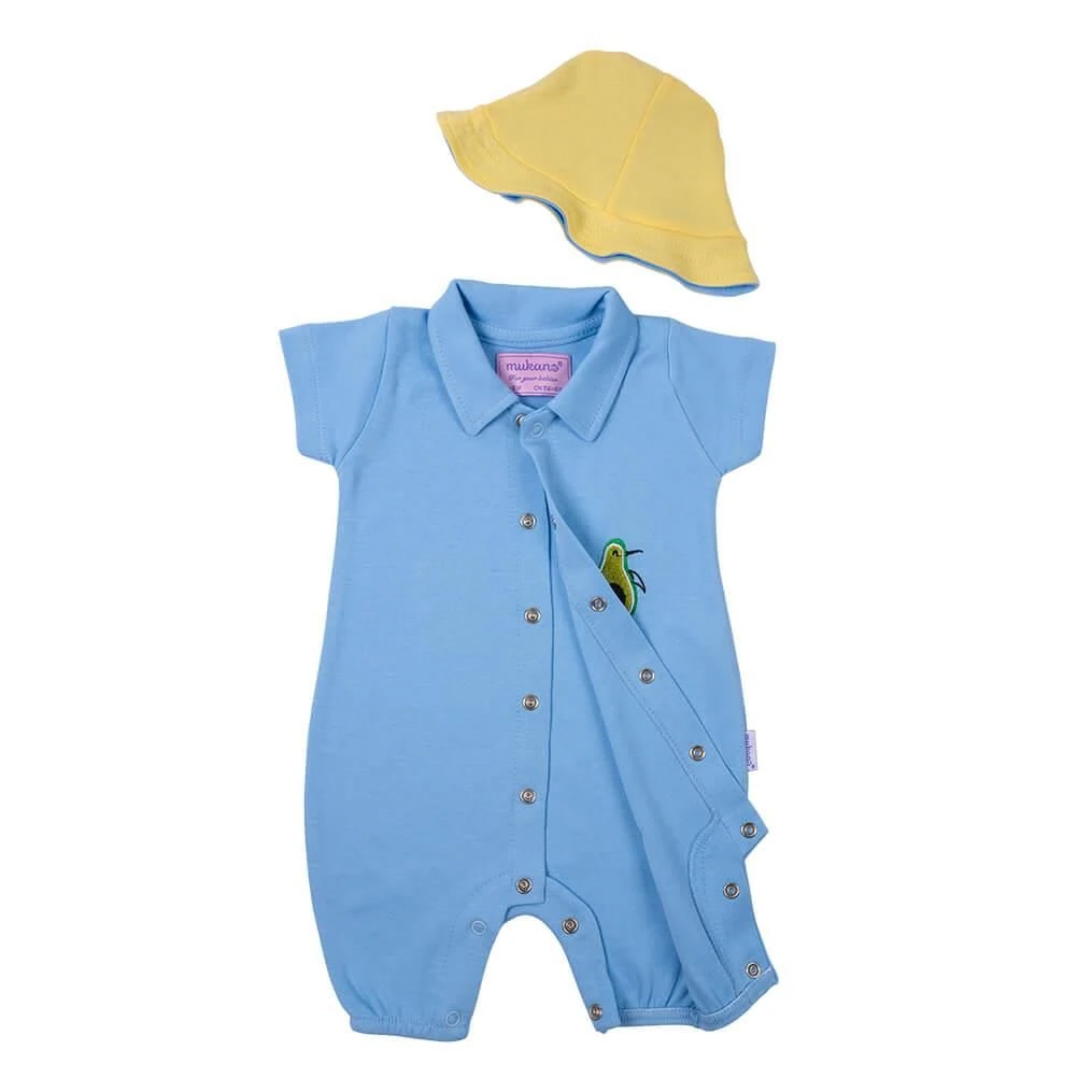 Mukano Avokado Nakışlı Çift Taraflı Şapkalı Erkek Bebek Tulum Yazlık  Mavi MKN.0223