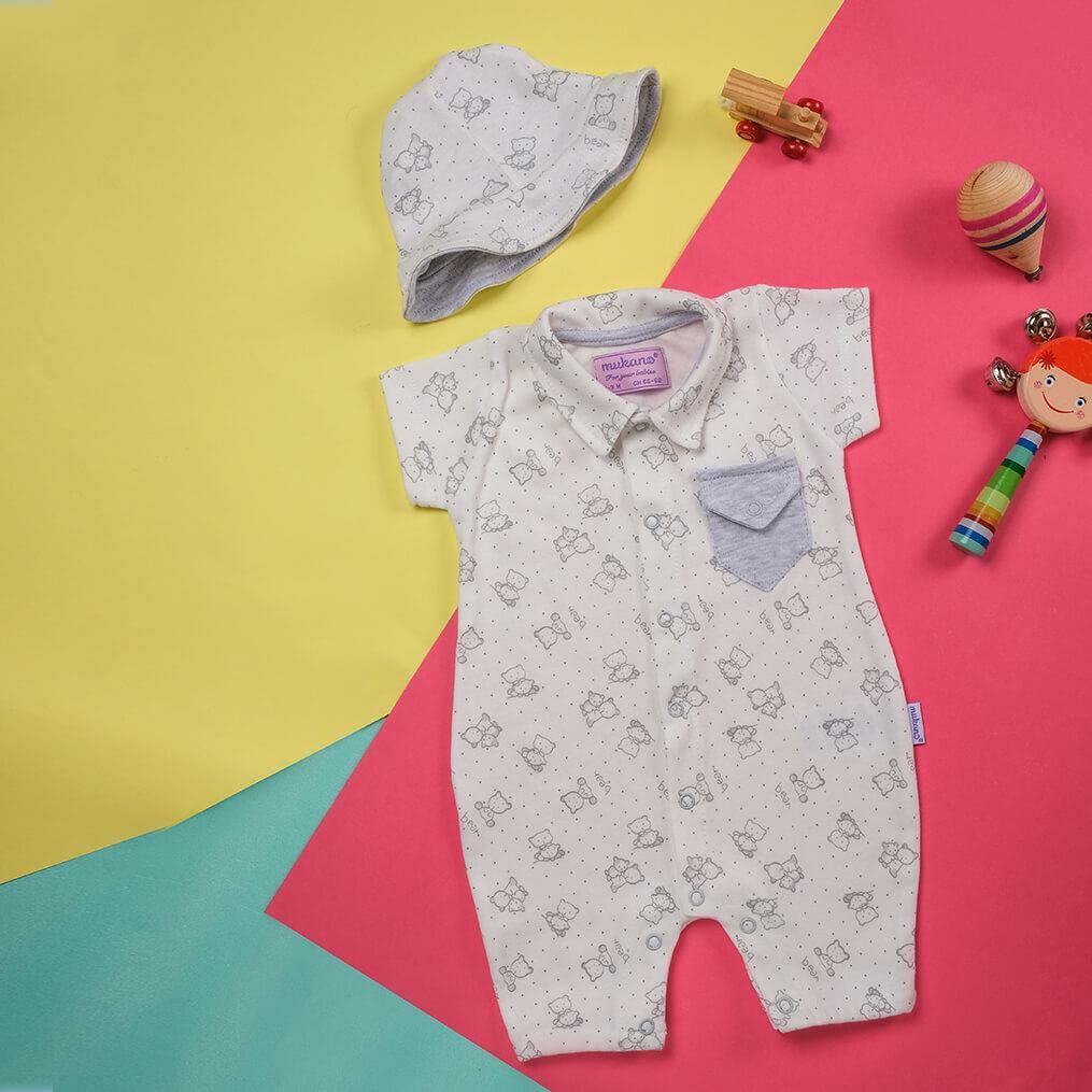Mukano Ayıcık Desenli Cepli Çift Taraflı Şapkalı Erkek Bebek  Yazlık Tulum  MKN.0226