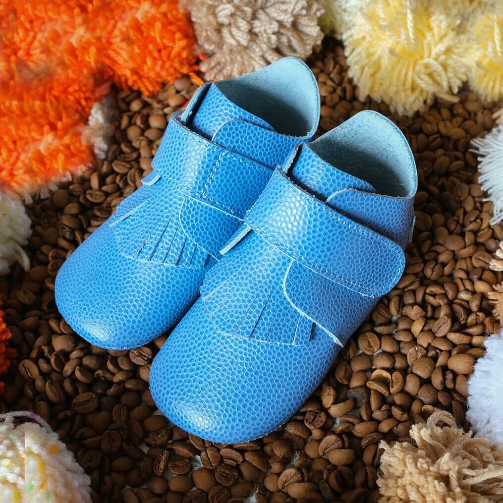 Hakiki Deri Anatomik Taban İlk Adım Ayakkabısı Koyu Bebe Mavisi Cırtcırtlı-Püsküllü MKN.0167