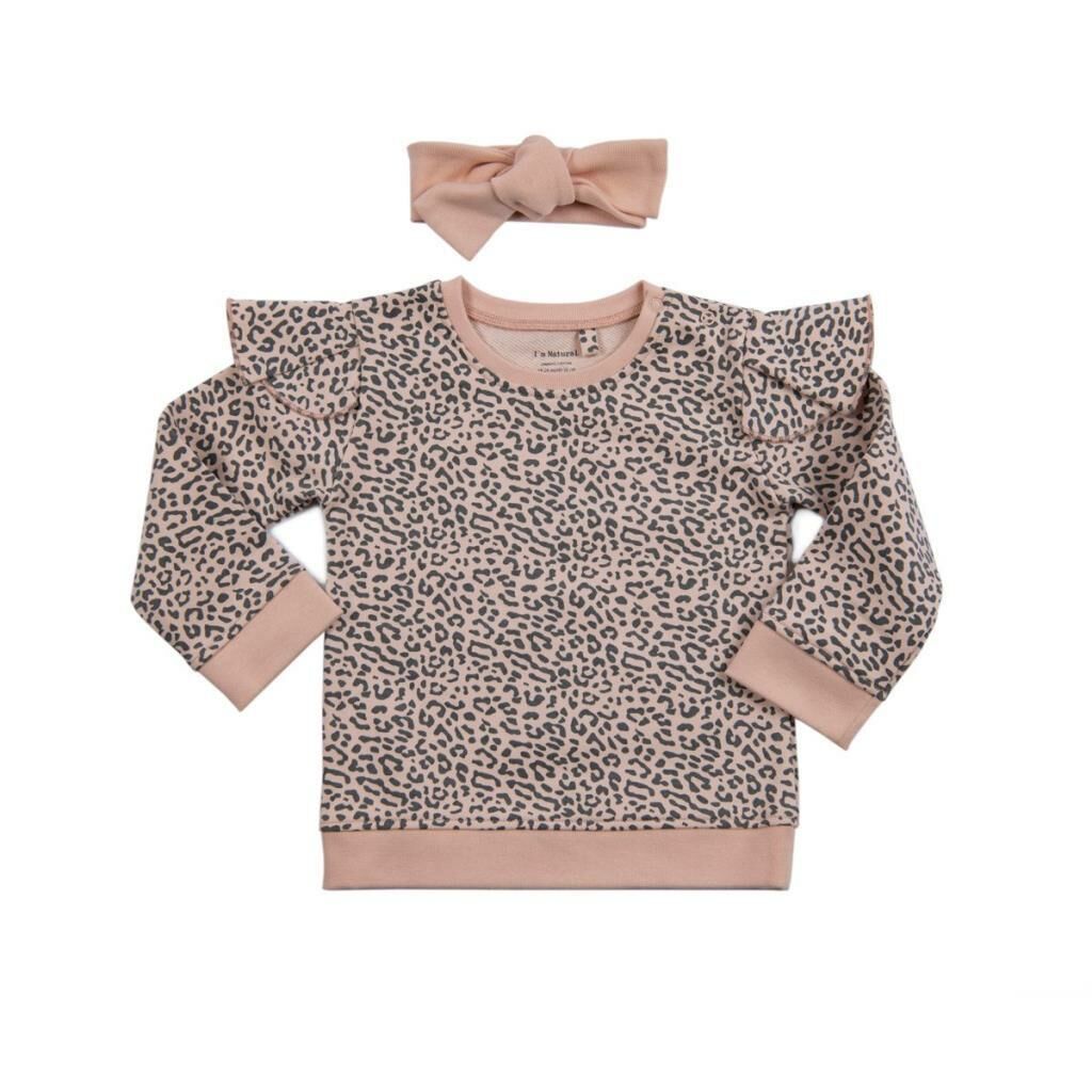 I'm Natural Organik Pamuklu Leopar Desenli Bandanalı İçi Şardonlu Alt-Üst Kışlık Kız Bebek 3'lü Takım Set - 112998
