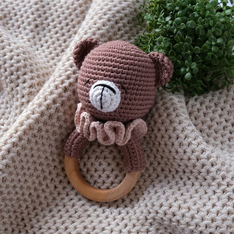 Amigurumi  %100 Organik Akçaağaç Diş Kaşıyıcılı Çıngırak El Örgüsü Ayıcık Oyuncak Kahverengi