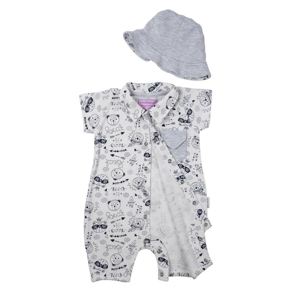 Mukano Ayıcık Desenli Cepli Çift Taraflı Şapkalı Erkek Bebek Yazlık Tulum  MKN.0222
