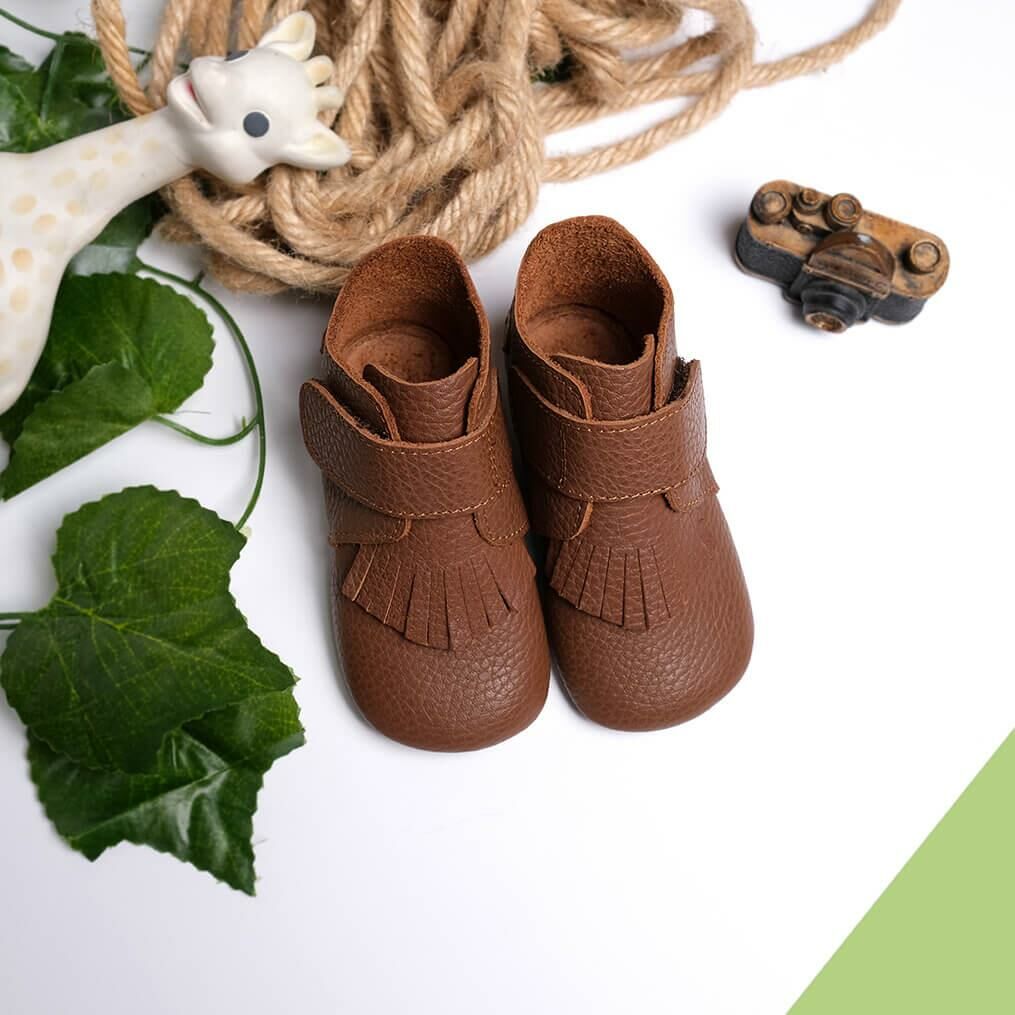 Hakiki Deri Anatomik Taban İlk Adım Ayakkabısı Sütlü Kahve Püsküllü-Cırtcırtlı MKN.0178