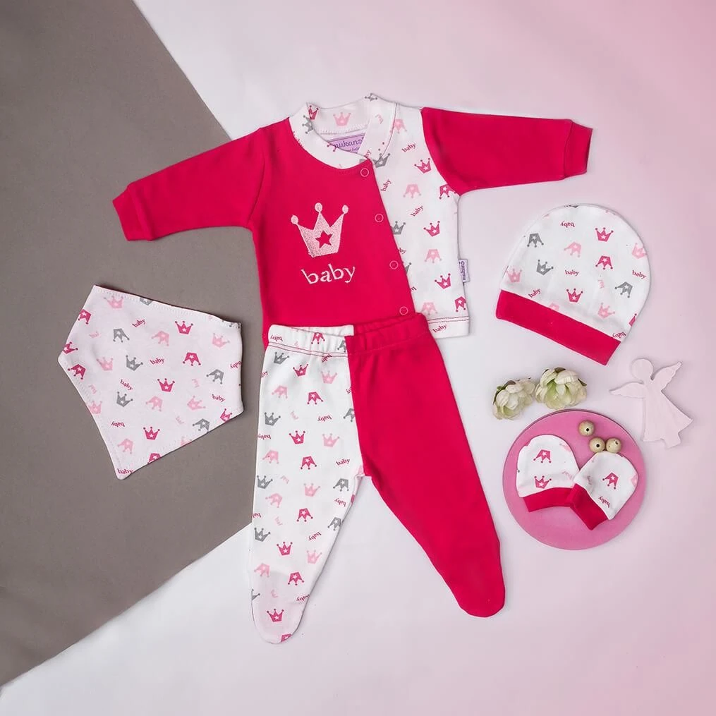 Mukano Kız Bebek Taç Nakışlı 5'li Set Hastane Çıkış Seti