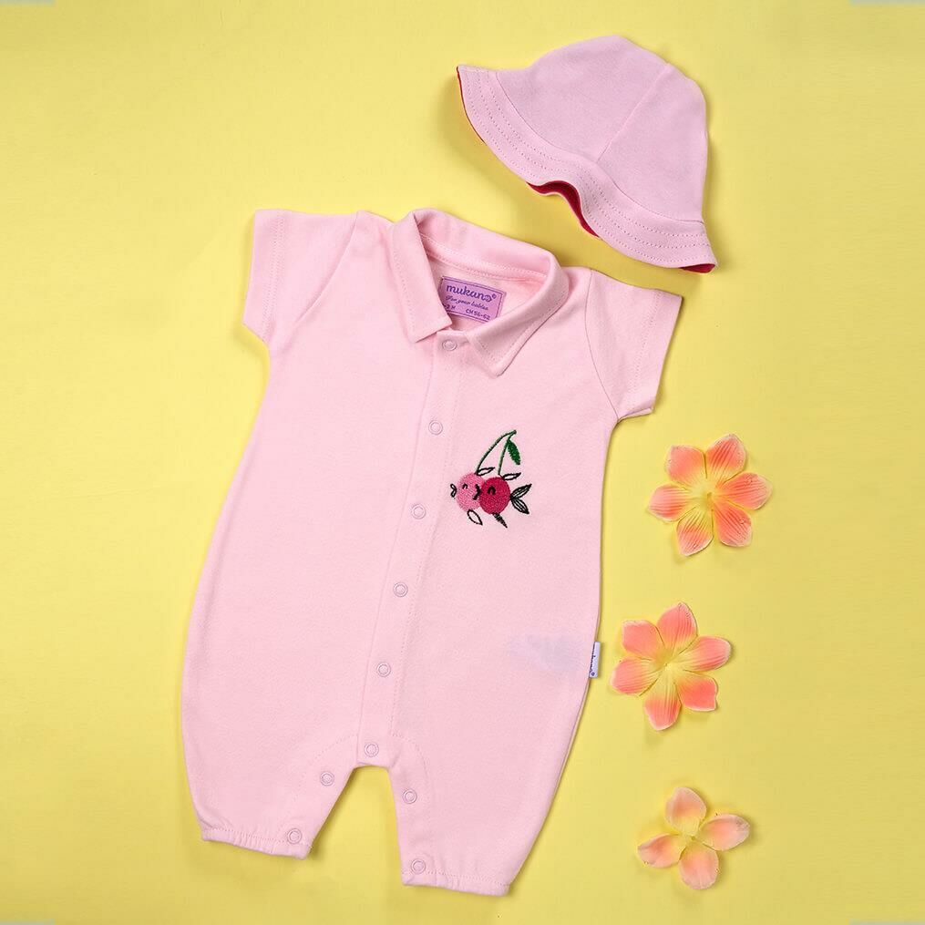 Mukano Balıklı Kiraz Nakışlı Çift Taraflı Şapkalı Kız Bebek Yazlık Tulum MKN.0219