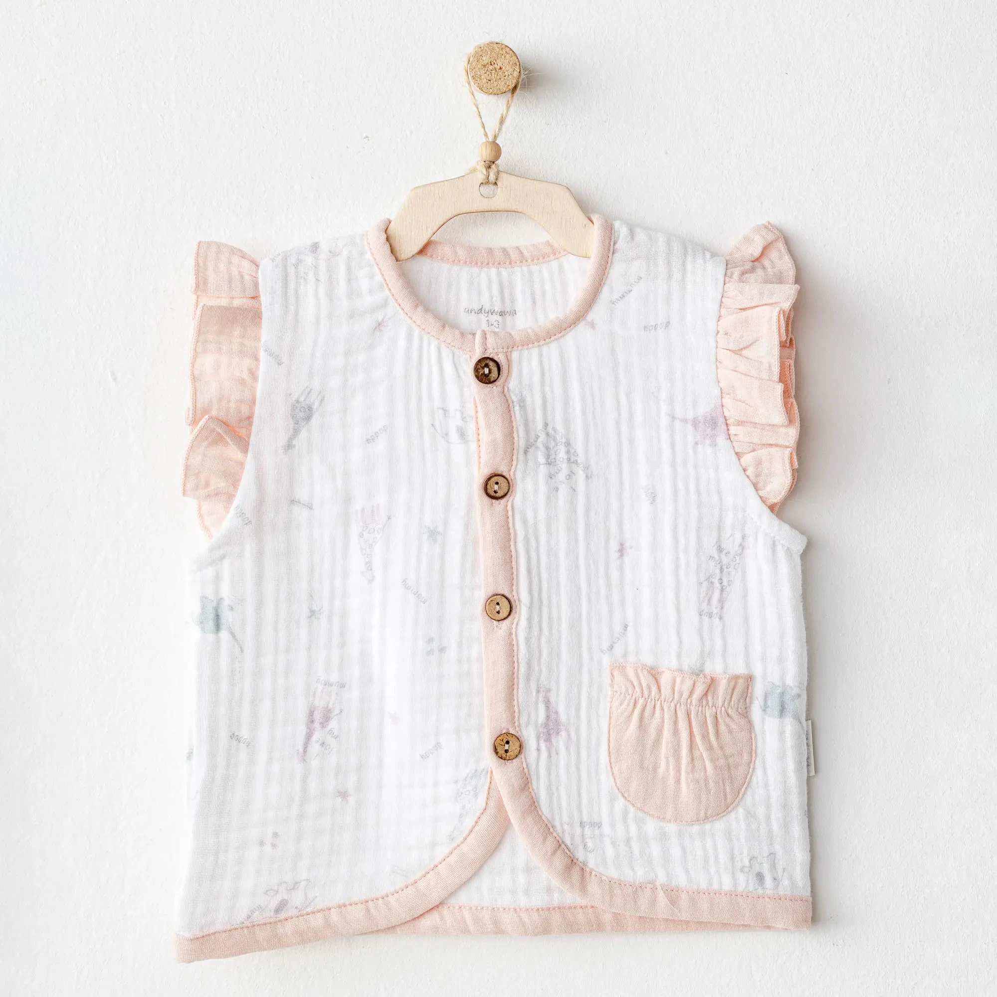 Andy Wawa Müslin Kumaş Baskı Detaylı Önü Ahşap Düğmeli Kız Bebek Yelek - AC25525