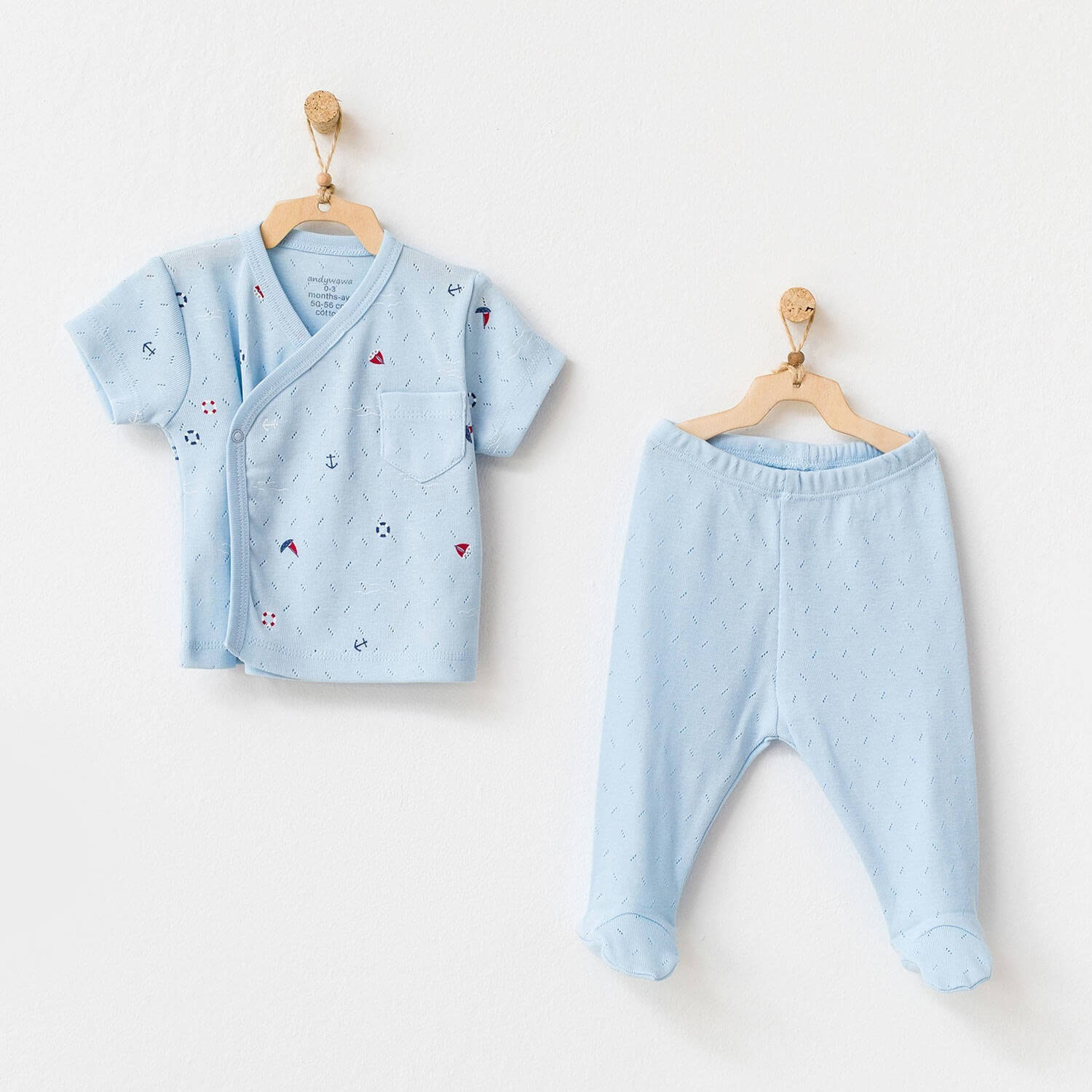 Andy Wawa Jakarlı Mavi Patikli Yenidoğan Erkek Bebek Takım %100 Pamuk Mevsimlik Rahatlık - AC21603