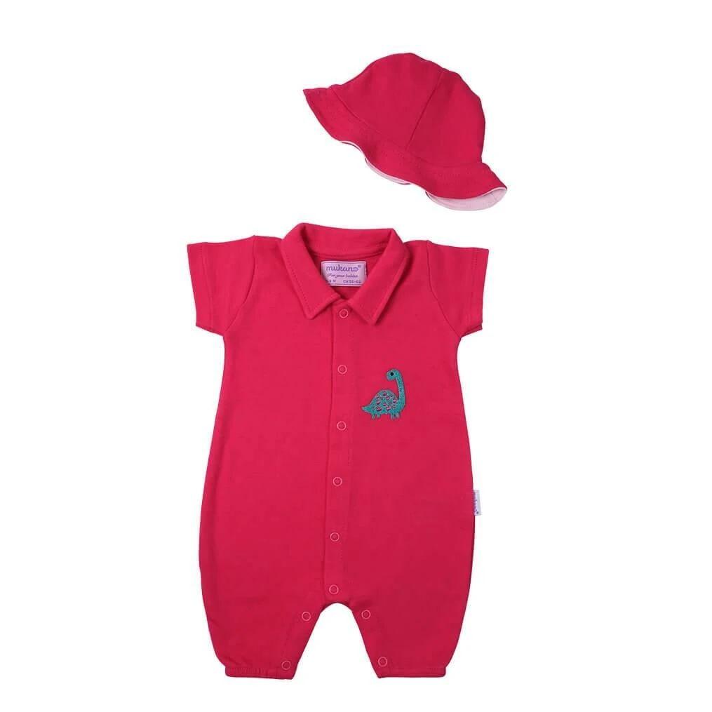 Mukano Dinazor Nakışlı Çift Taraflı Şapkalı Kız Bebek Yazlık Tulum Fuşya MKN.0220