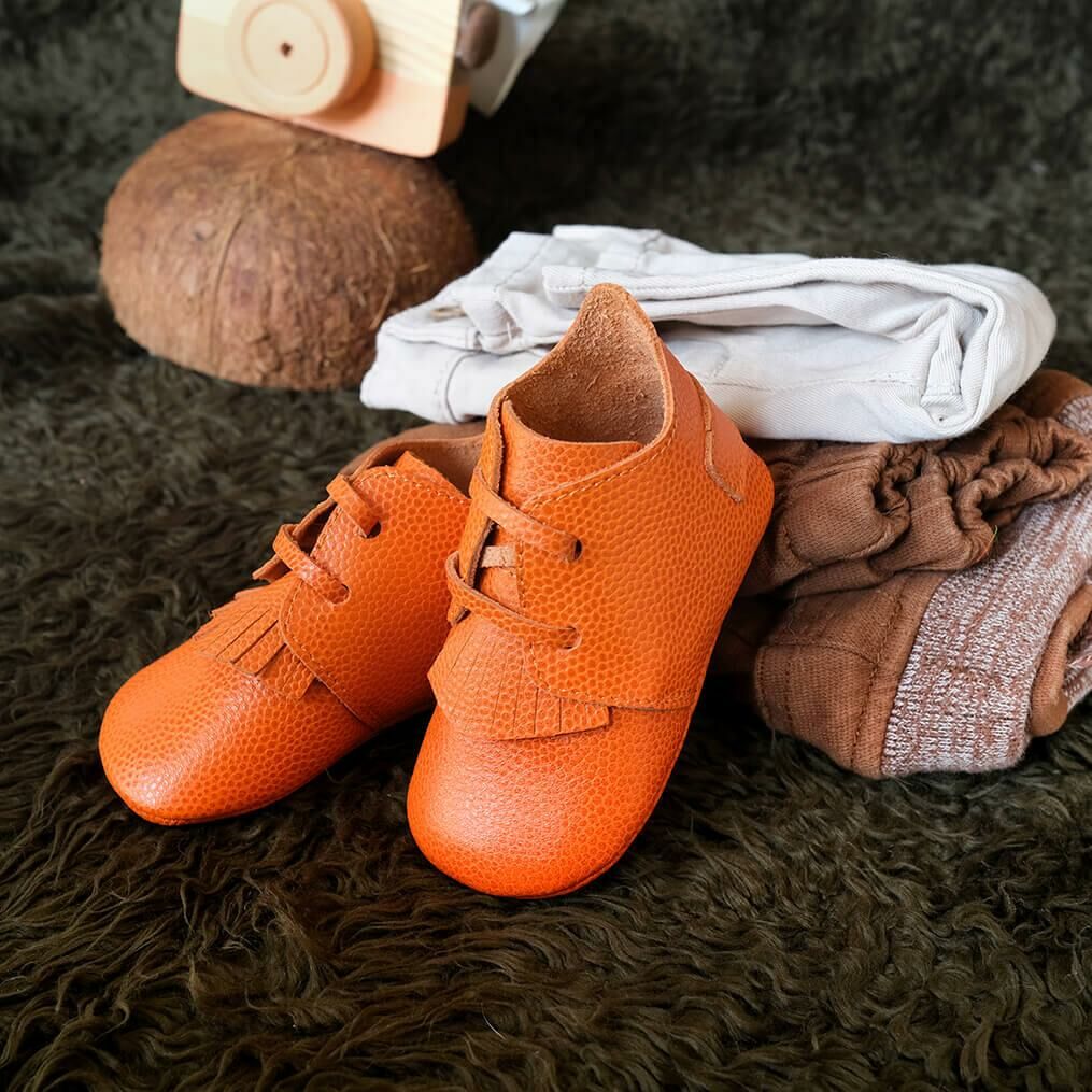 Hakiki Deri Anatomik Taban İlk Adım Patiği Turuncu Bağcıklı-Püsküllü MKN.0174