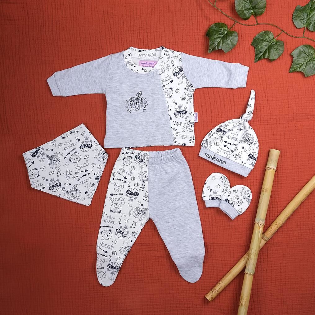 Mukano Erkek Bebek Ayıcık Nakışlı 5'li Set Hastane Çıkış Seti