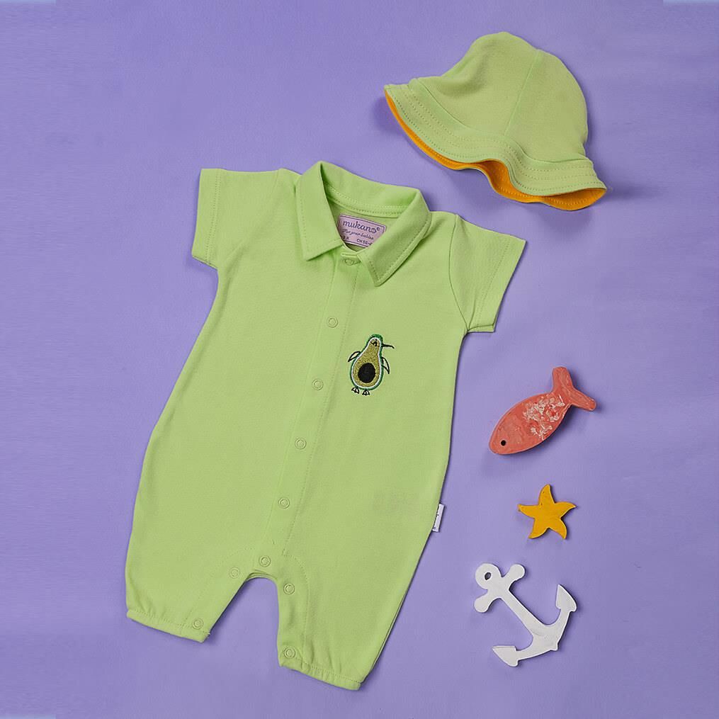 Mukano Avokado Nakışlı Çift Taraflı Şapkalı Erkek Bebek Yazlık Tulum Mint MKN.0225