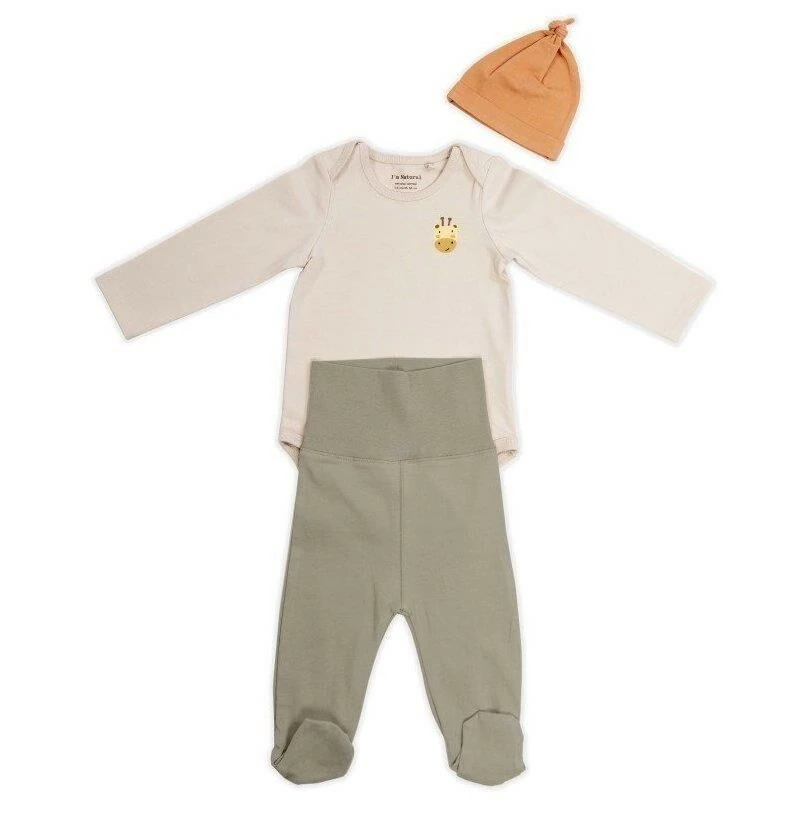 I'm Natural Organik Pamuklu Zürafa Baskılı Patikli Erkek Bebek 3'l, Takım Set 111535 Ceviz-Zeytin