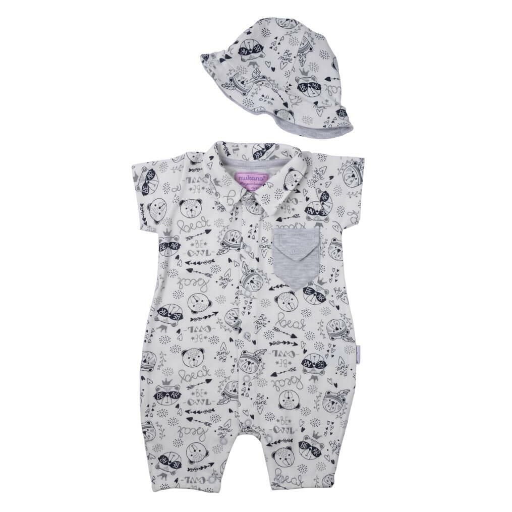 Mukano Ayıcık Desenli Cepli Çift Taraflı Şapkalı Erkek Bebek Yazlık Tulum  MKN.0222