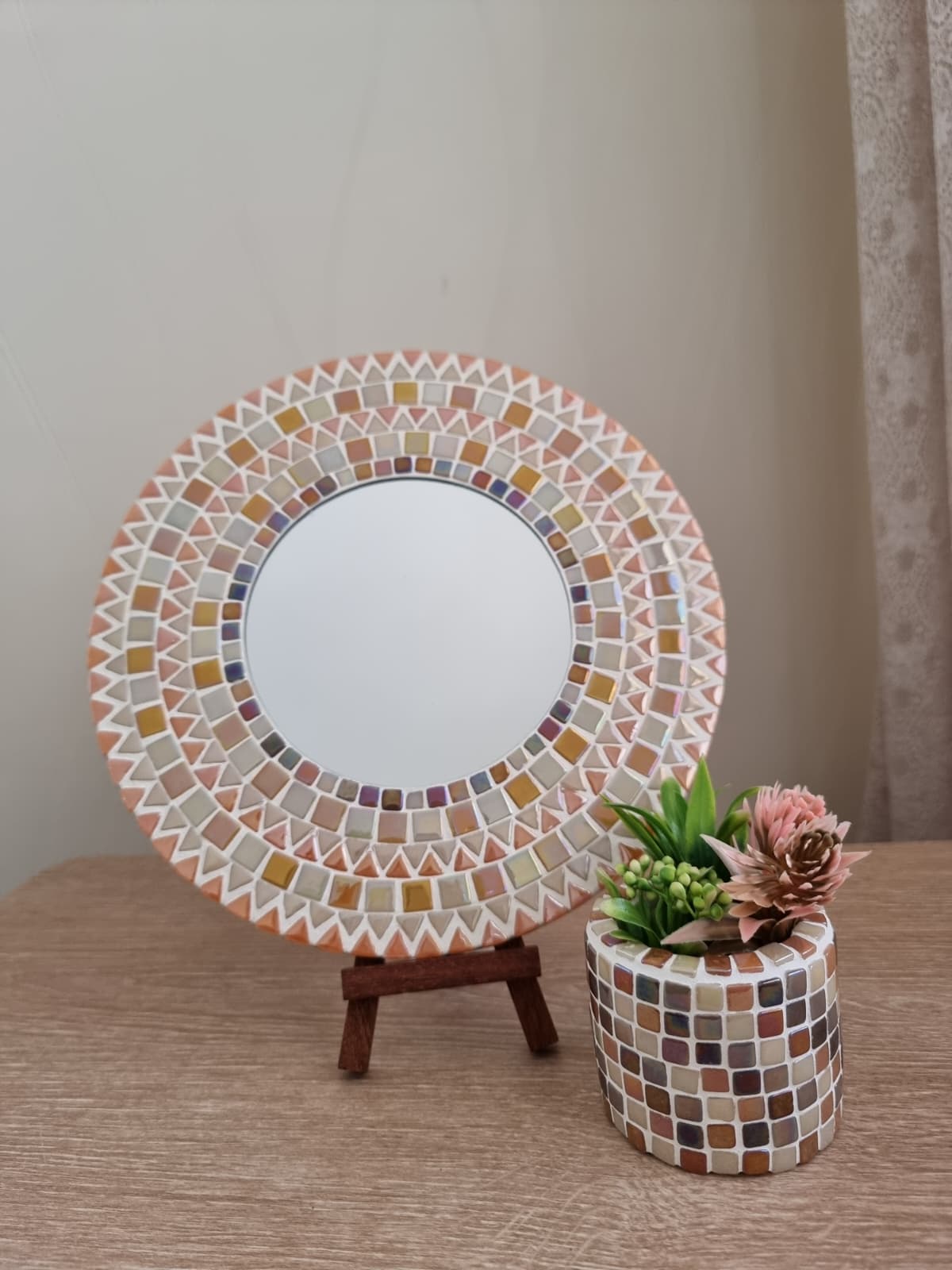 Mozaik Ayna ve Sukulent Saksı - Kahverengi Sedefli