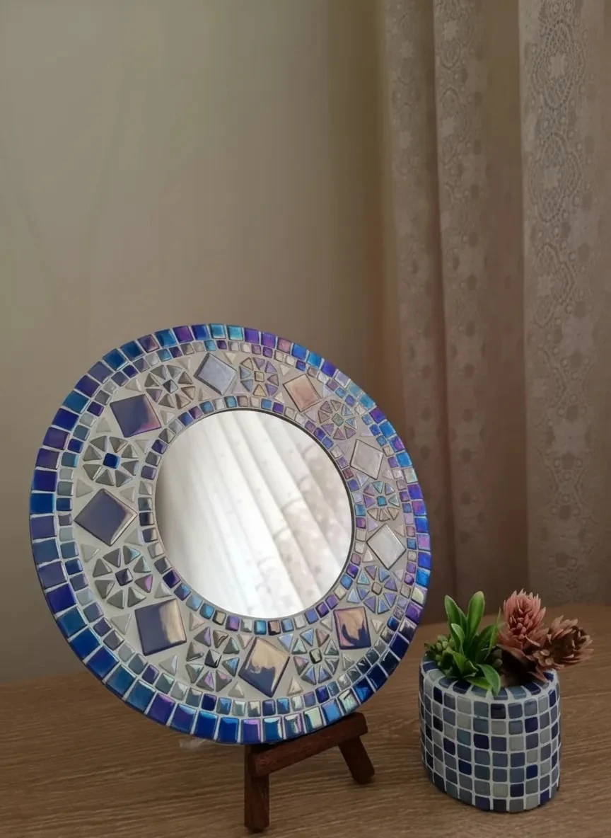 Mozaik Ayna ve Sukulent Saksı - Mavi Sedefli