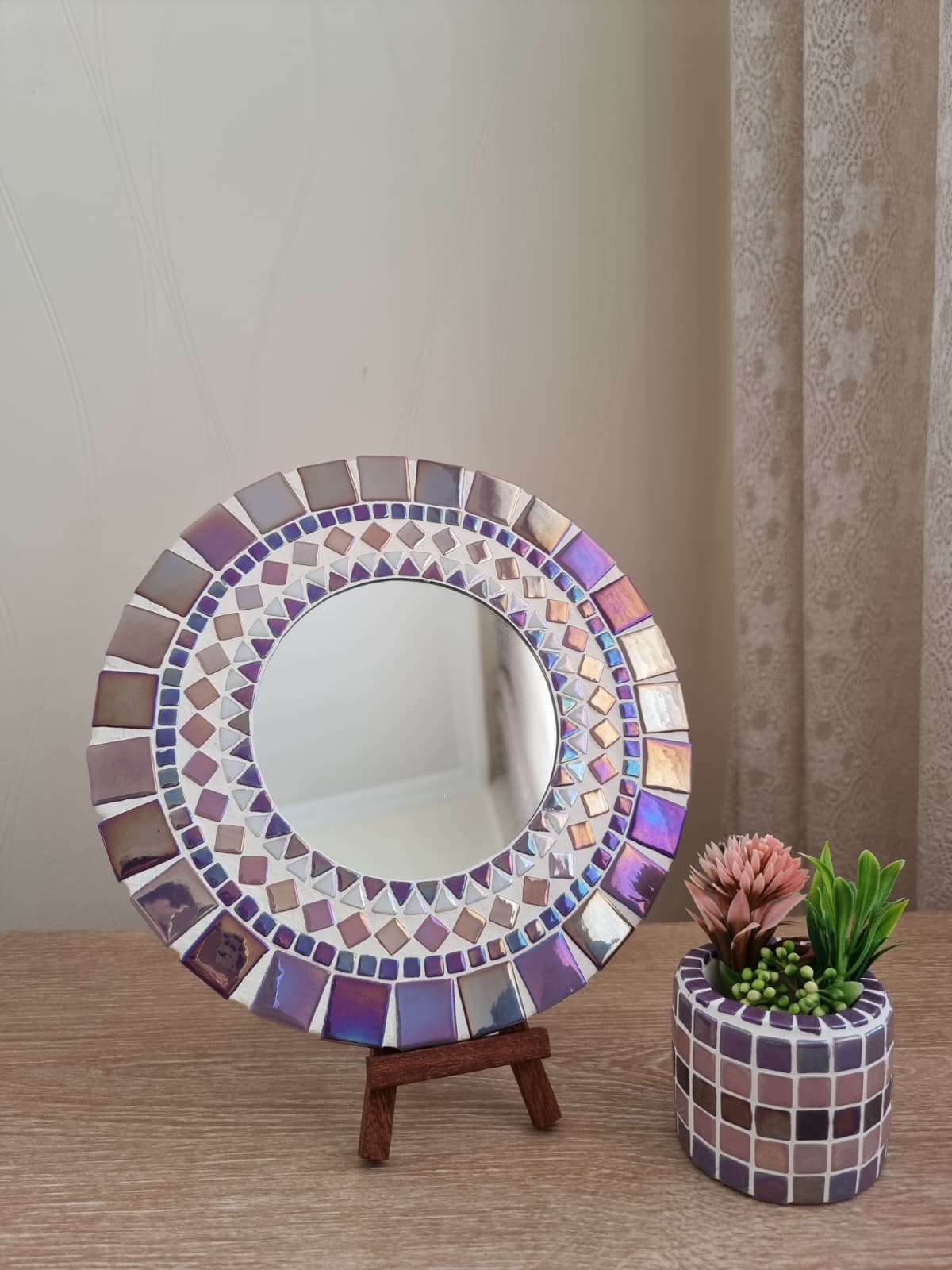 Mozaik Ayna ve Sukulent Saksı - Mor Sedefli
