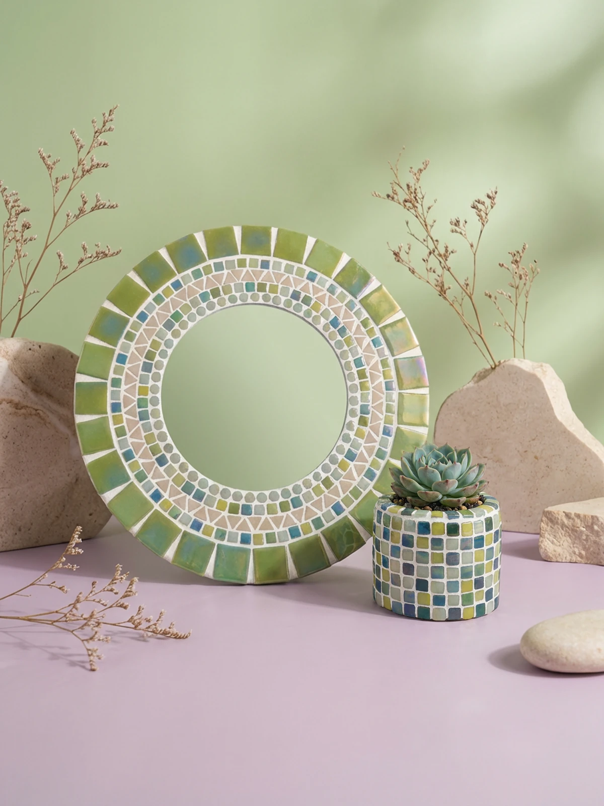 Mozaik Ayna ve Sukulent Saksı - Yeşil Sedefli
