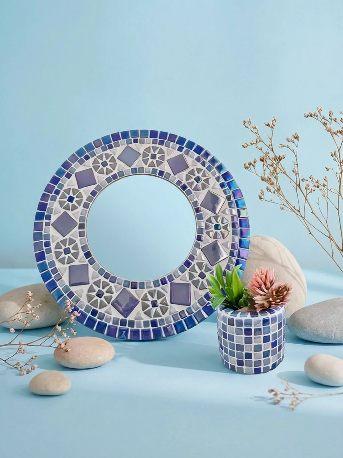 Mozaik Ayna ve Sukulent Saksı - Mavi Sedefli