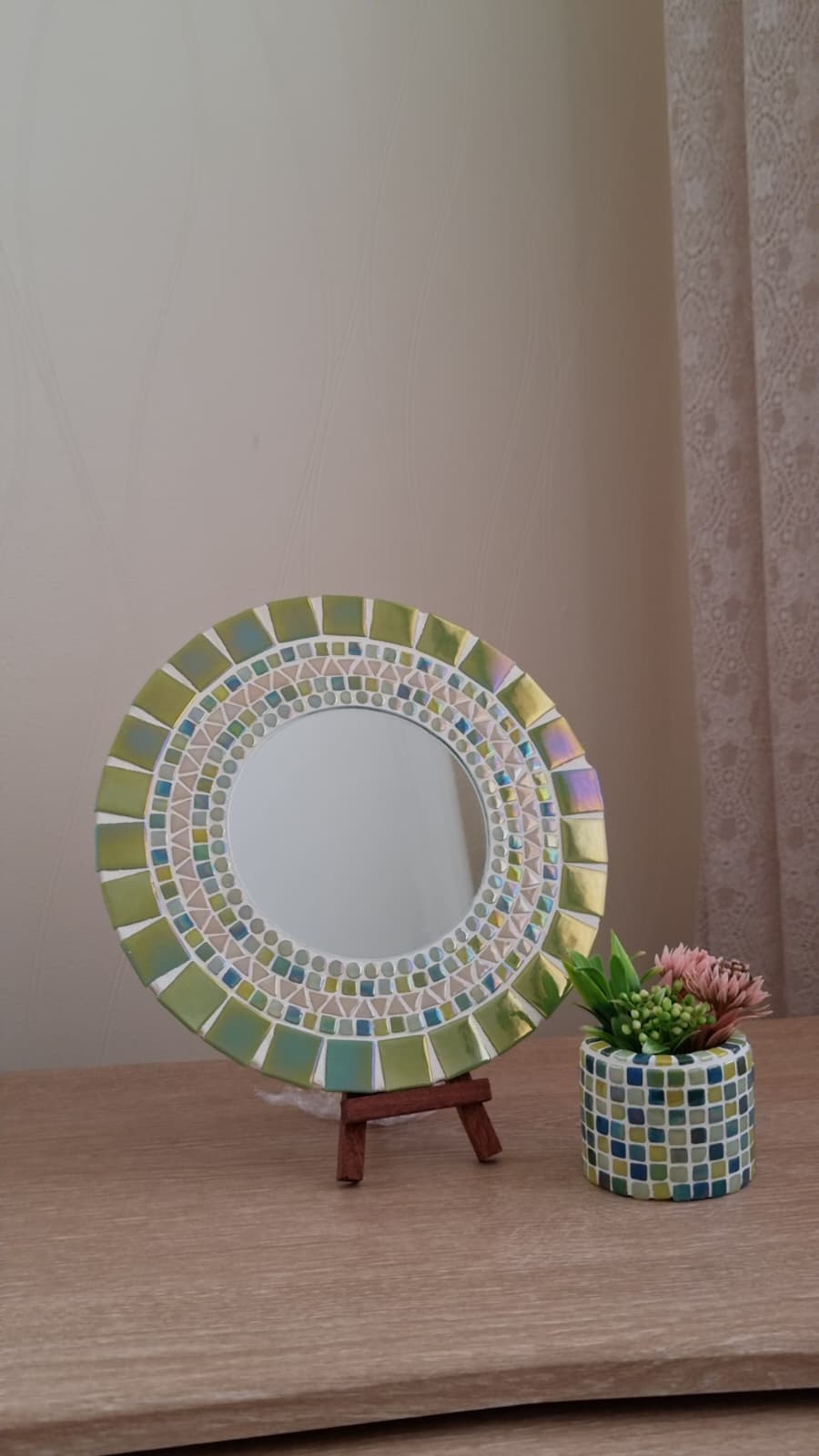 Mozaik Ayna ve Sukulent Saksı - Yeşil Sedefli