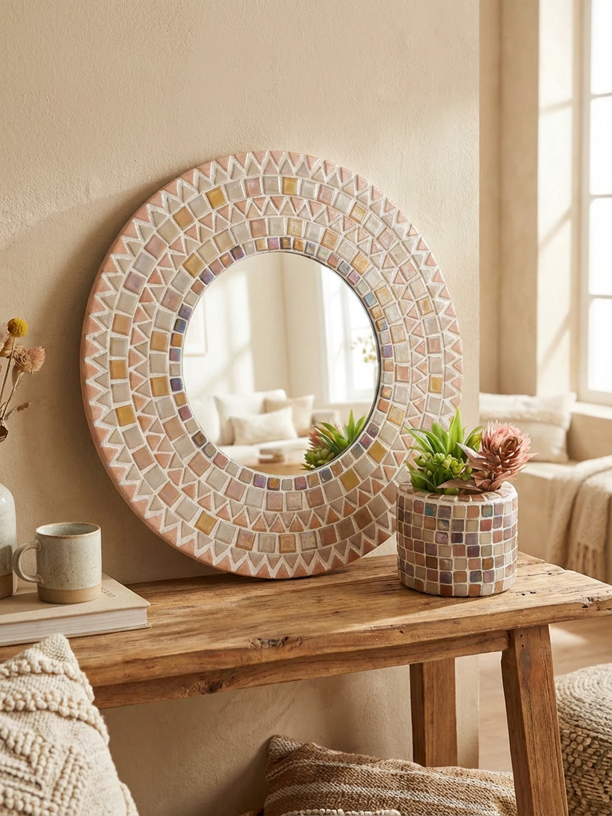 Mozaik Ayna ve Sukulent Saksı - Kahverengi Sedefli