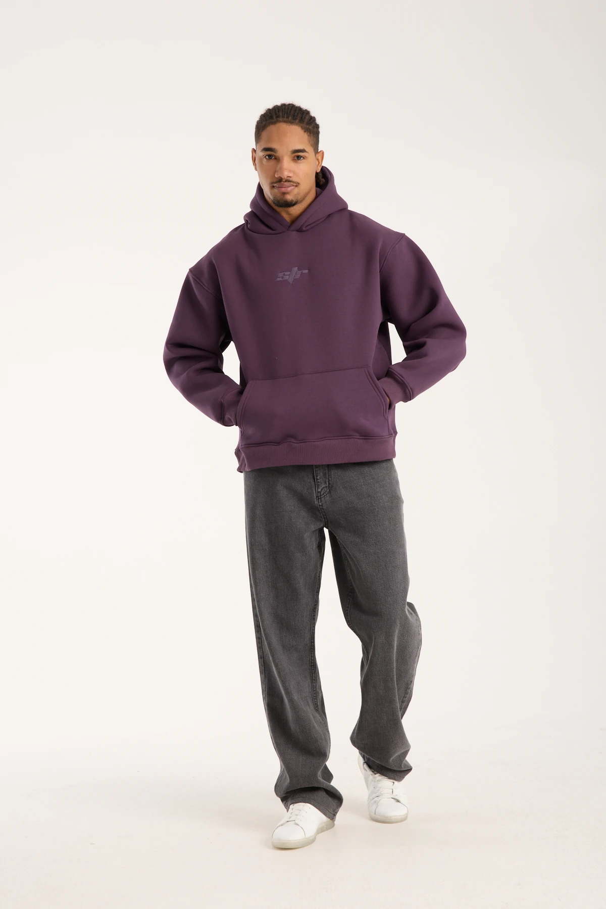 Mor Nakışlı Oversized Hoodie