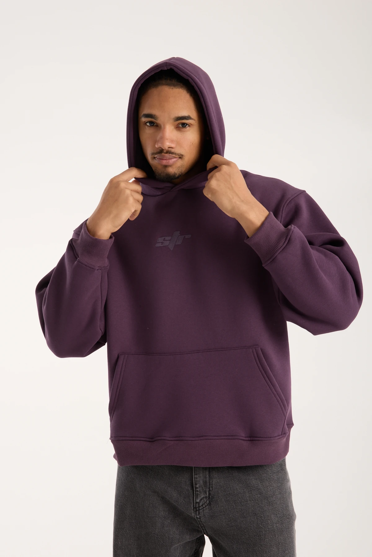 Mor Nakışlı Oversized Hoodie