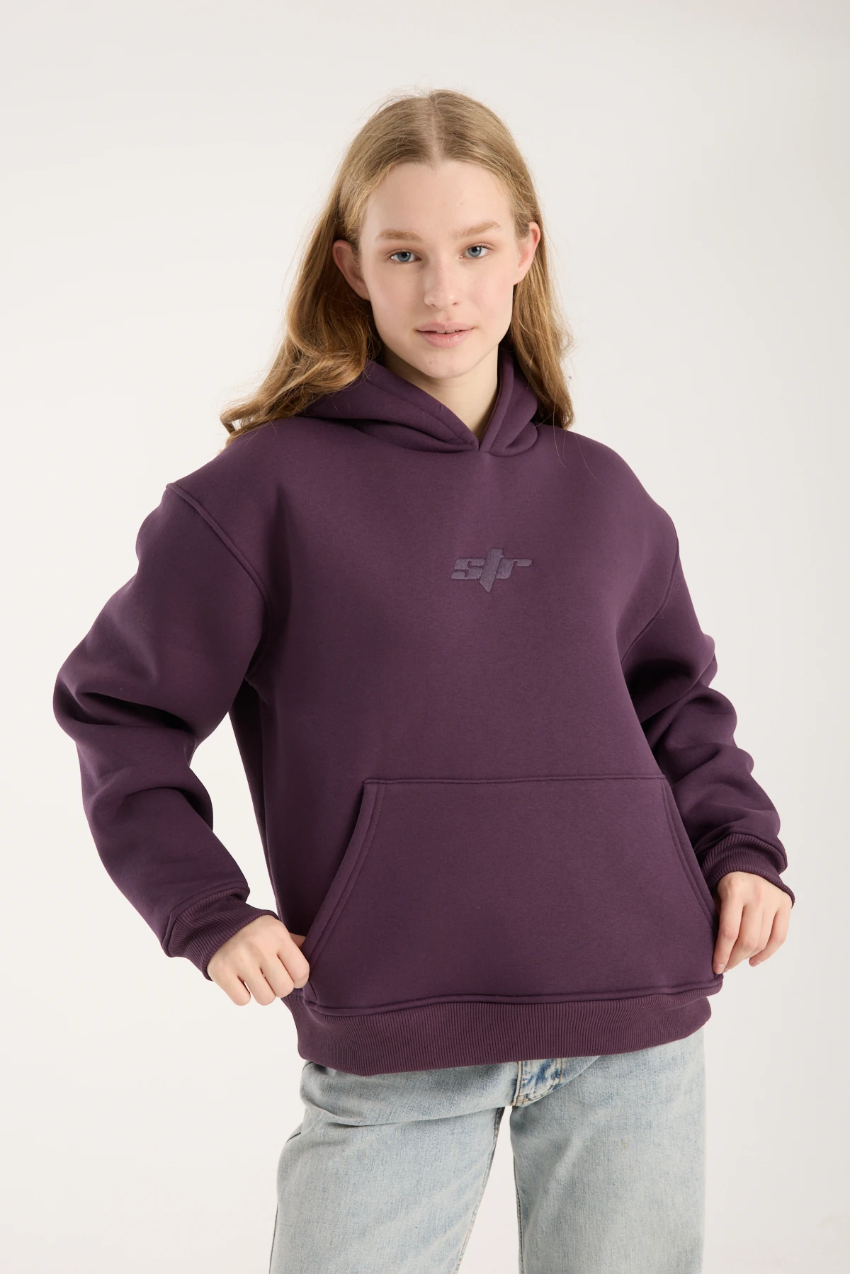 Mor Nakışlı Oversized Hoodie