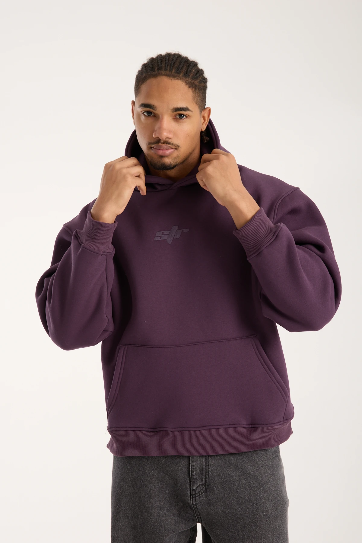 Mor Nakışlı Oversized Hoodie