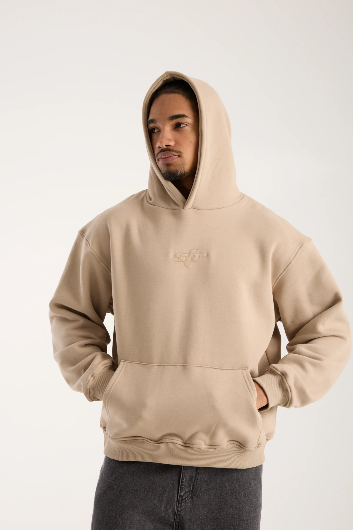 Bej Nakışlı Oversized Hoodie
