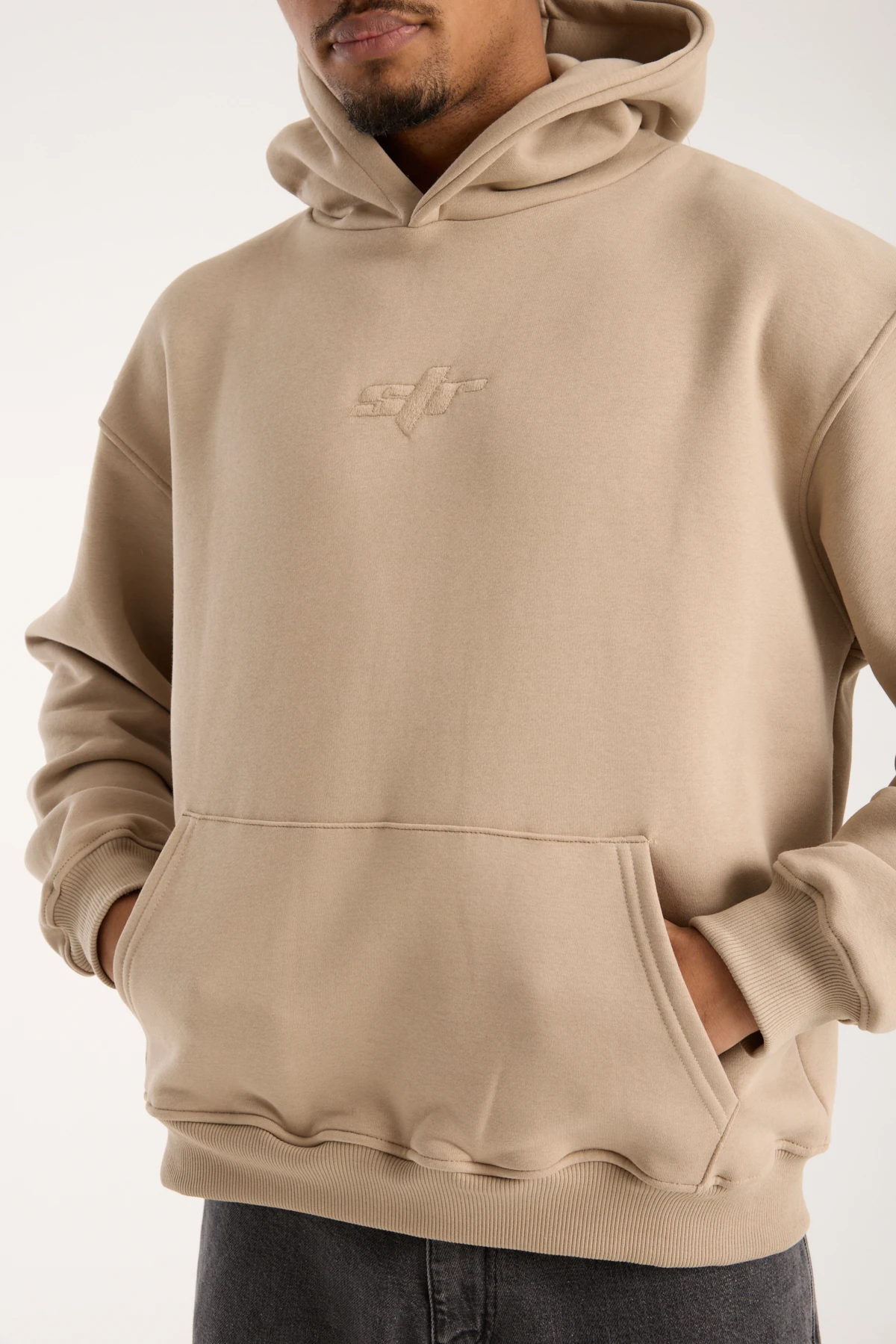 Bej Nakışlı Oversized Hoodie