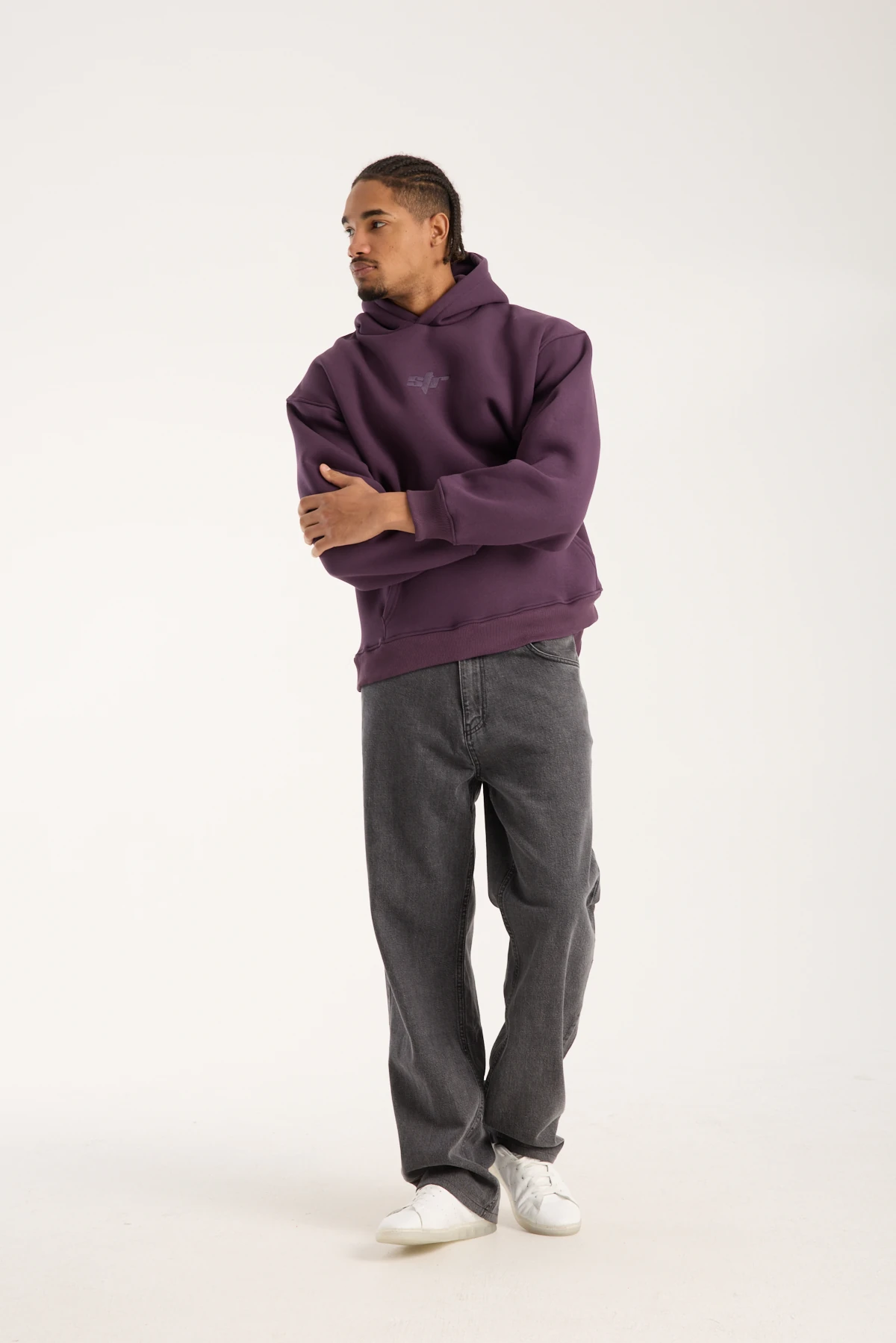 Mor Nakışlı Oversized Hoodie