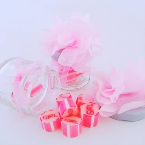 50 ADET PEMBE KURDELELİ ÇİÇEKLİ KAVANOZLU GİRL LOLLY ŞEKER 160
